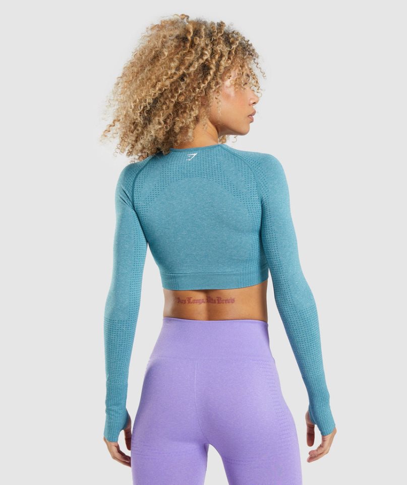 Women's Gymshark Vital Seamless 2.0 Long Sleeve Cropped Tops Turquoise | CA 3D0A6N